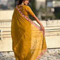 Mustard Yellow Embroidered Saree Floral Border with Matching Blouse