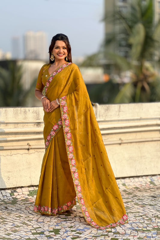 Mustard Yellow Embroidered Saree Floral Border with Matching Blouse 
