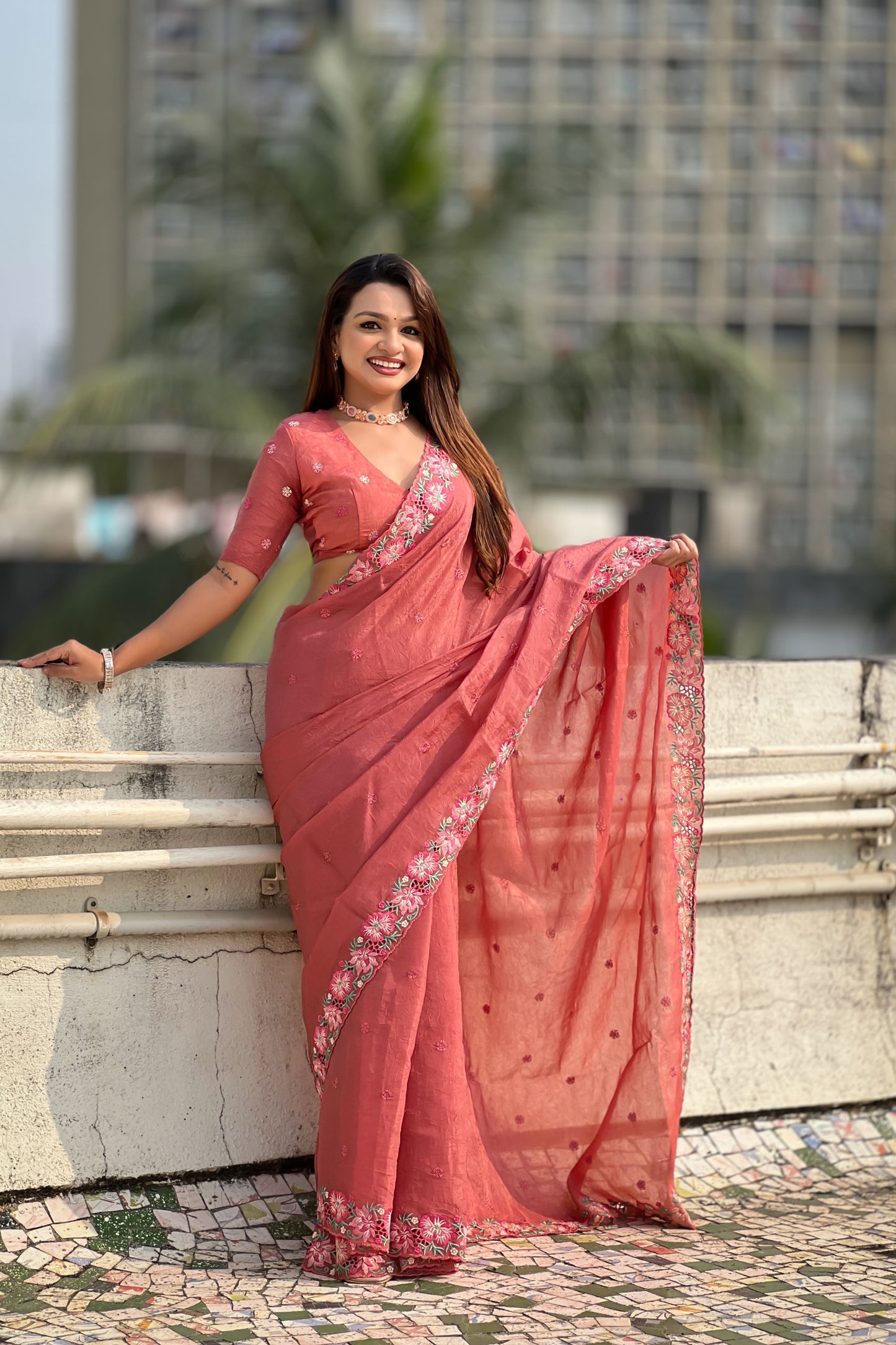Rose Pink Embroidered Saree Floral Border with Matching Blouse