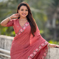 Rose Pink Embroidered Saree Floral Border with Matching Blouse