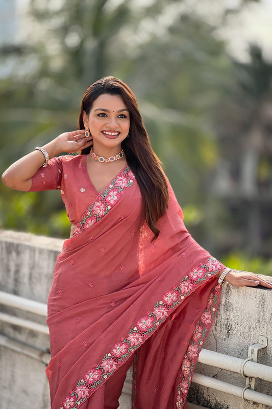 Rose Pink Embroidered Saree Floral Border with Matching Blouse