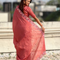 Rose Pink Embroidered Saree Floral Border with Matching Blouse