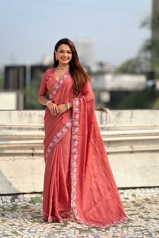 Rose Pink Embroidered Saree Floral Border with Matching Blouse 