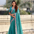Teal Green Embroidered Saree Floral Border with Matching Blouse