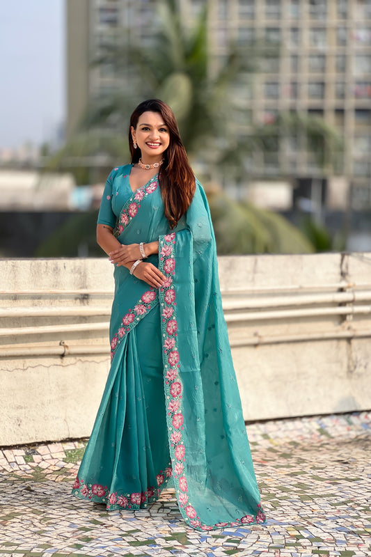 Teal Green Embroidered Saree Floral Border with Matching Blouse 