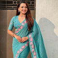 Teal Green Embroidered Saree Floral Border with Matching Blouse