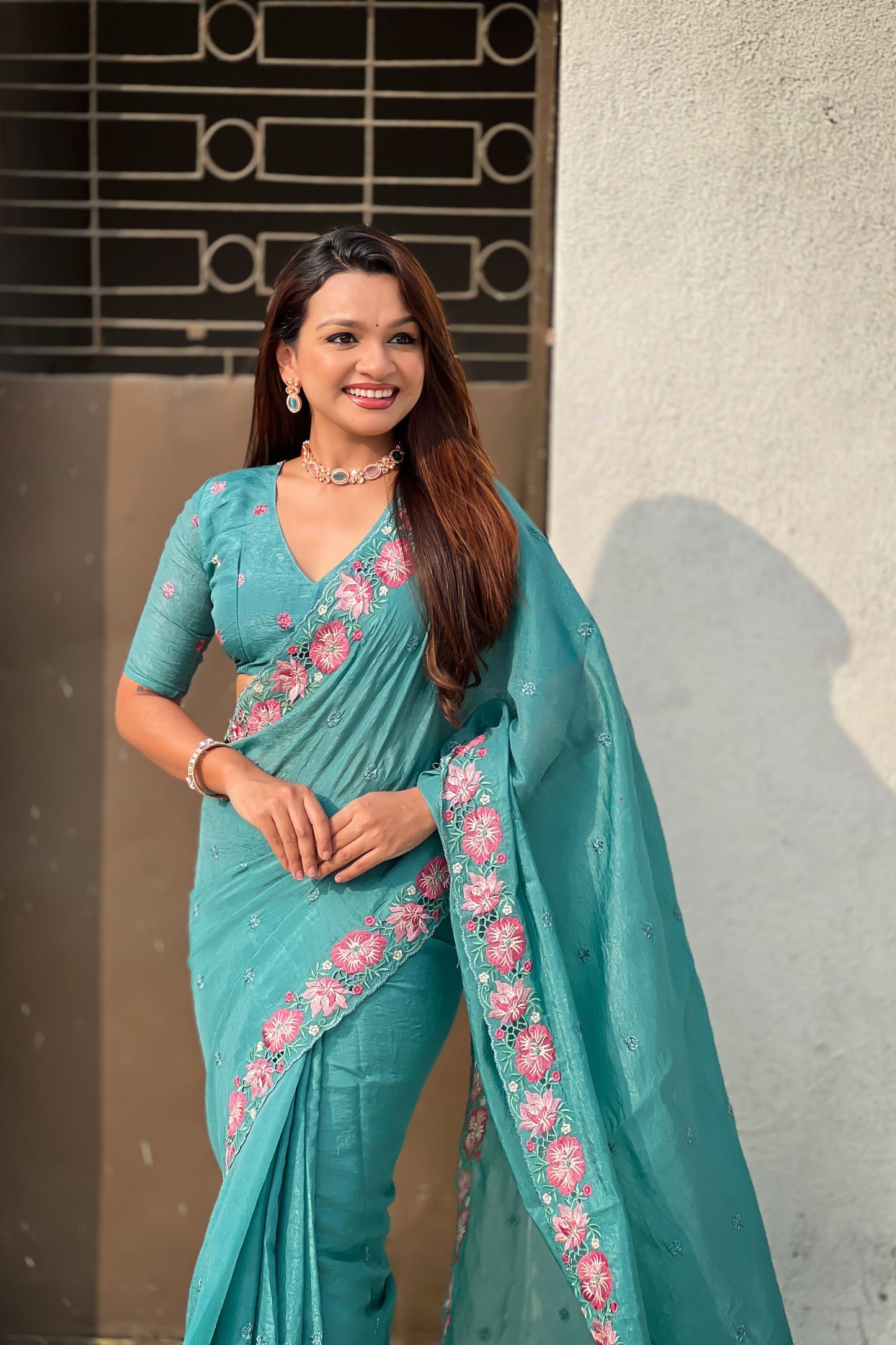 Teal Green Embroidered Saree Floral Border with Matching Blouse