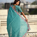 Teal Green Embroidered Saree Floral Border with Matching Blouse