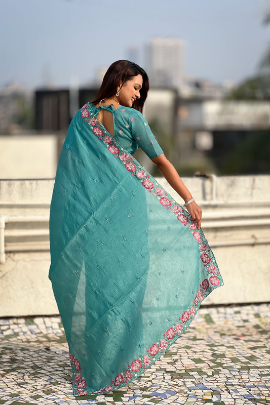 Teal Green Embroidered Saree Floral Border with Matching Blouse