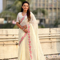 Off White Embroidered Saree Floral Border with Matching Blouse 