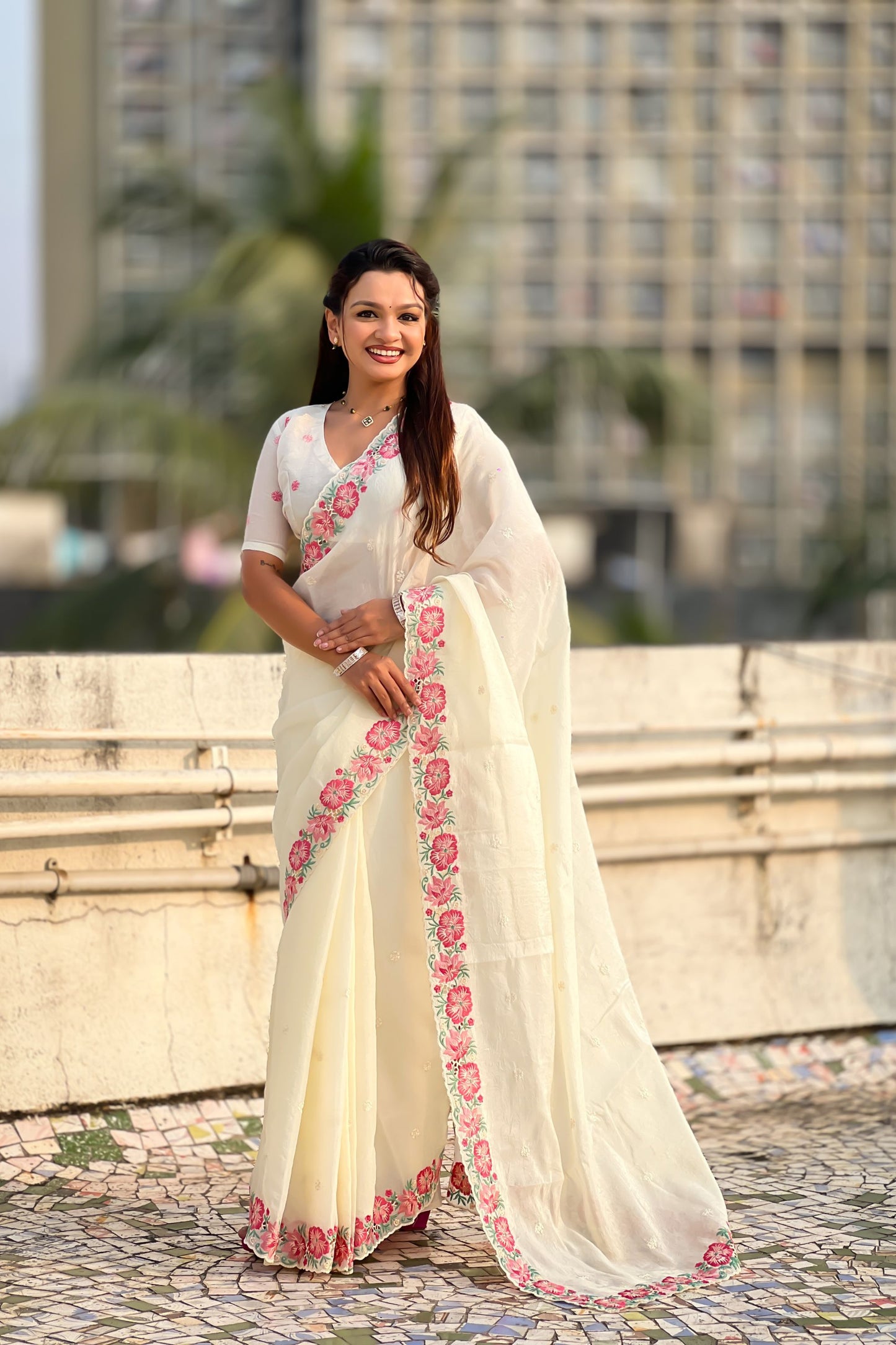 Off White Embroidered Saree Floral Border with Matching Blouse 