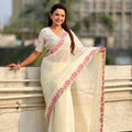 Off White Embroidered Saree Floral Border with Matching Blouse