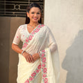 Off White Embroidered Saree Floral Border with Matching Blouse