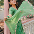 Pastel Green Embroidered Saree Floral Border with Matching Blouse