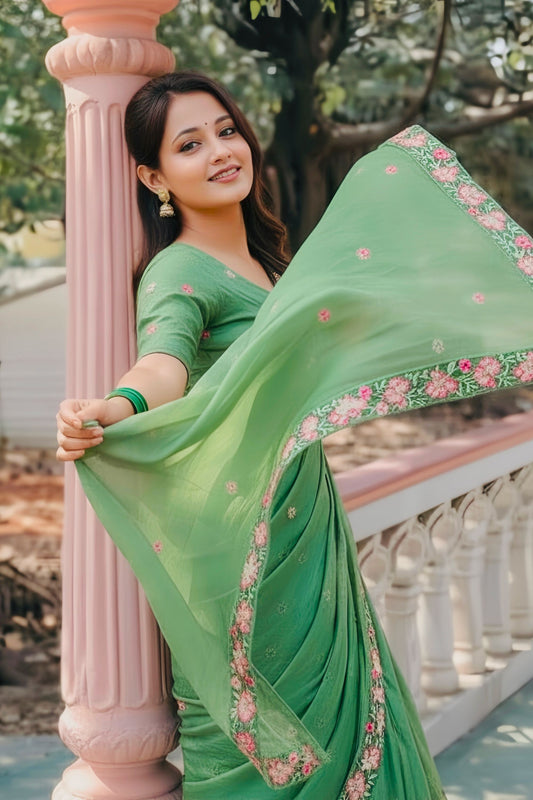 Pastel Green Embroidered Saree Floral Border with Matching Blouse