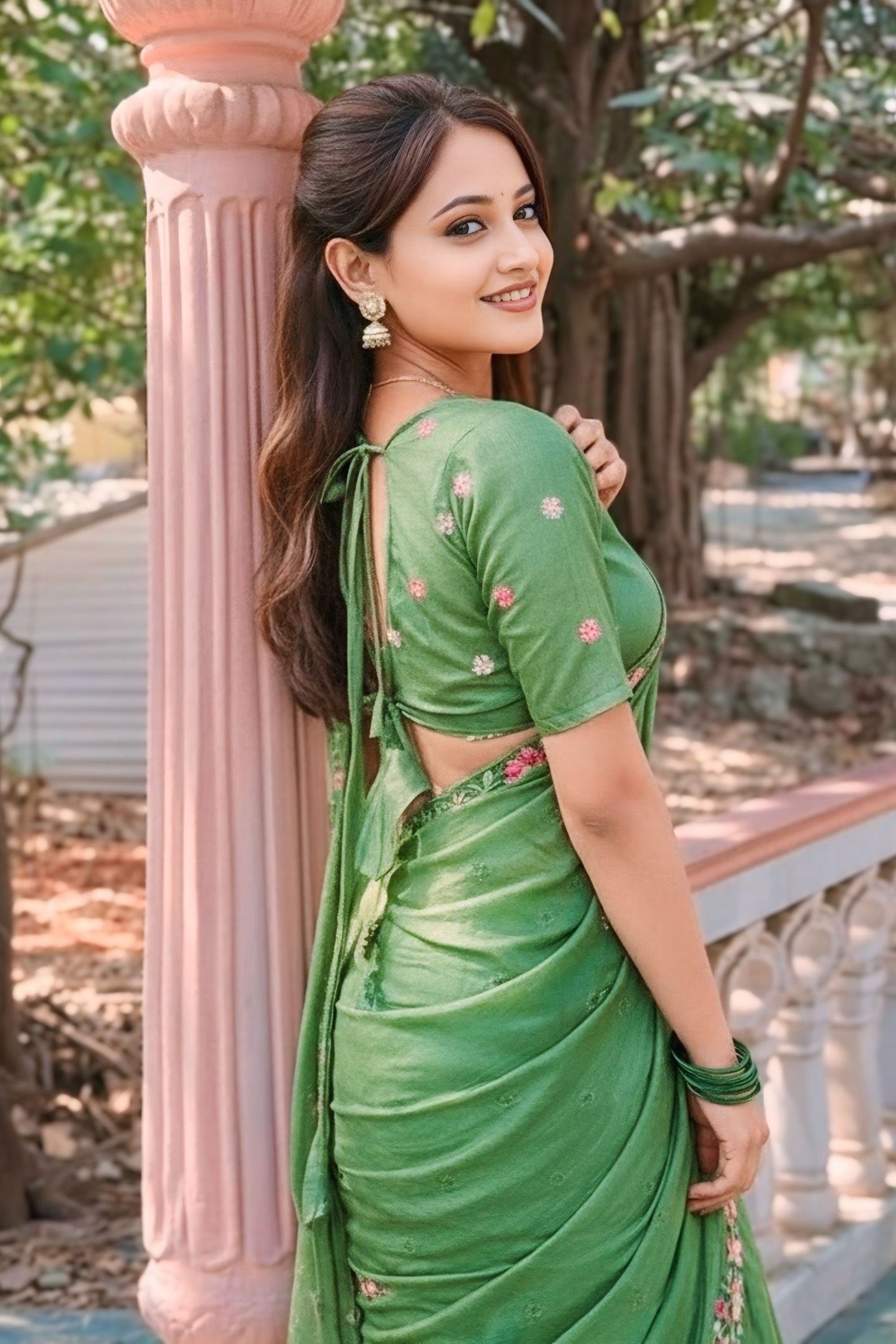 Pastel Green Embroidered Saree Floral Border with Matching Blouse