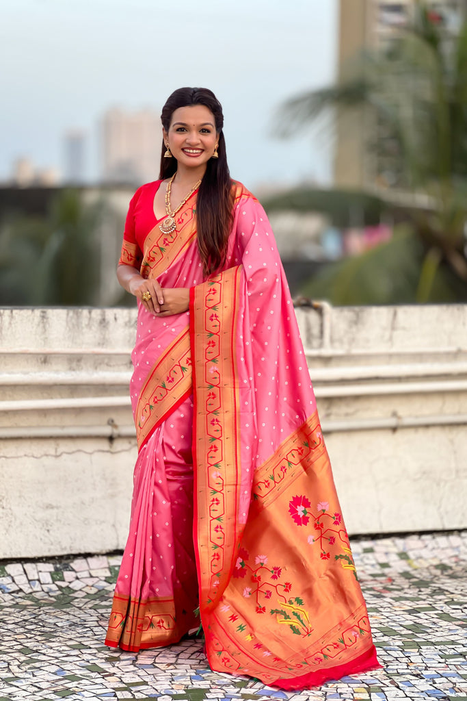 Pink Silk Blend Saree Traditional Floral Border Saree with Rich Pallu