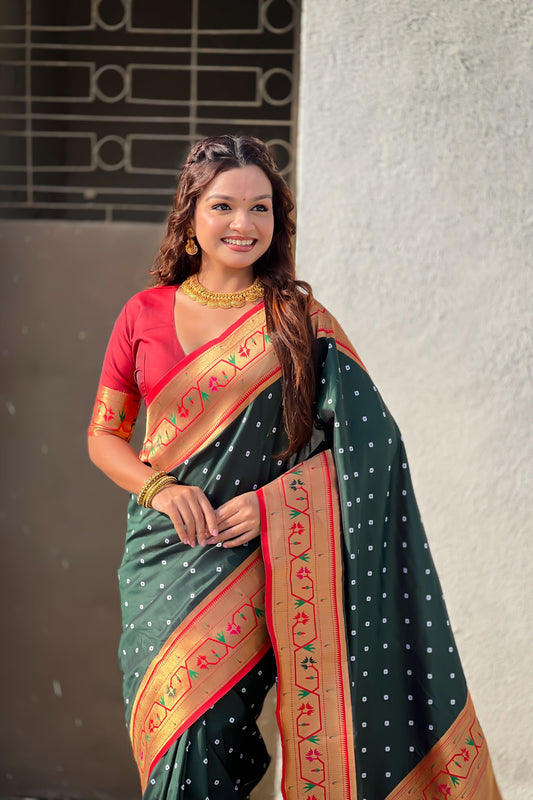 Dark Green Silk Saree Traditional Gold Floral Border Rich Pallu