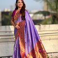 Purple Paithani Silk Saree Gold Zari Border Floral Motifs Traditional Wear