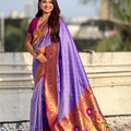 Purple Paithani Silk Saree Gold Zari Border Floral Motifs Traditional Wear
