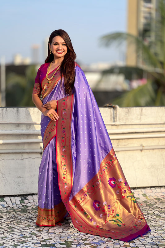 Purple Paithani Silk Saree Gold Zari Border Floral Motifs Traditional Wear