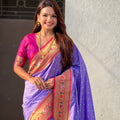 Purple Paithani Silk Saree Gold Zari Border Floral Motifs Traditional Wear