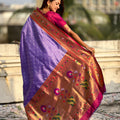 Purple Paithani Silk Saree Gold Zari Border Floral Motifs Traditional Wear