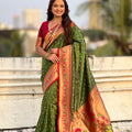 Green Paithani Silk Saree Gold Zari Border Floral Pallu Traditional Wear