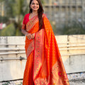 Orange Paithani Silk Saree Gold Zari Border Floral Pallu Traditional Wear