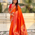 Orange Paithani Silk Saree Gold Zari Border Floral Pallu Traditional Wear