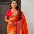 Orange Paithani Silk Saree Gold Zari Border Floral Pallu Traditional Wear