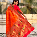 Orange Paithani Silk Saree Gold Zari Border Floral Pallu Traditional Wear