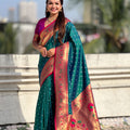 Teal Green Paithani Silk Saree Gold Zari Border Traditional Floral Pallu