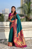 Teal Green Paithani Silk Saree Gold Zari Border Traditional Floral Pallu