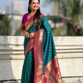 Teal Green Paithani Silk Saree Gold Zari Border Traditional Floral Pallu 