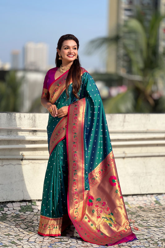 Teal Green Paithani Silk Saree Gold Zari Border Traditional Floral Pallu 