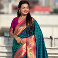 Teal Green Paithani Silk Saree Gold Zari Border Traditional Floral Pallu