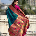 Teal Green Paithani Silk Saree Gold Zari Border Traditional Floral Pallu