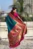 Teal Green Paithani Silk Saree Gold Zari Border Traditional Floral Pallu
