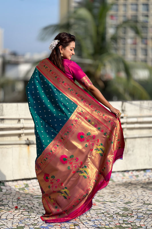 Teal Green Paithani Silk Saree Gold Zari Border Traditional Floral Pallu