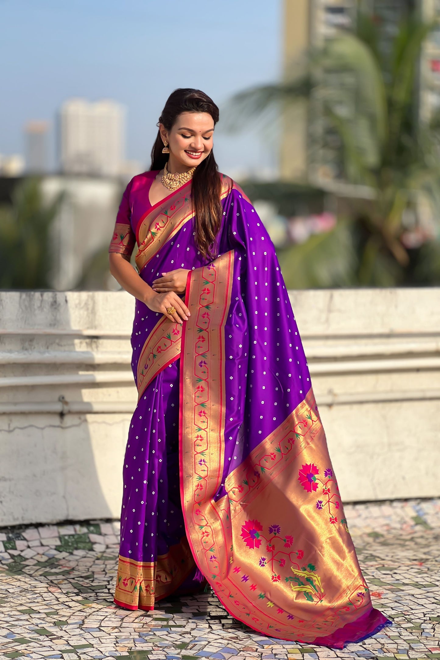 Royal Purple Paithani Silk Saree Gold Zari Border Floral Pallu