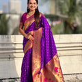 Royal Purple Paithani Silk Saree Gold Zari Border Floral Pallu