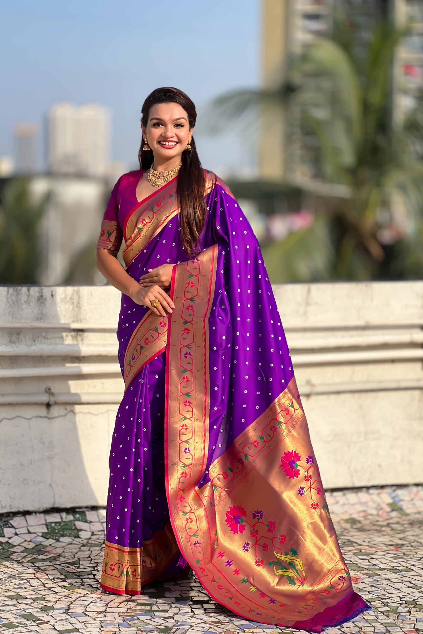 Royal Purple Paithani Silk Saree Gold Zari Border Floral Pallu