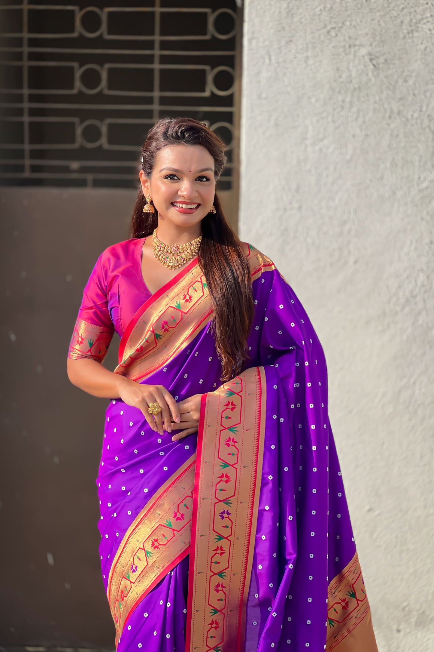 Royal Purple Paithani Silk Saree Gold Zari Border Floral Pallu