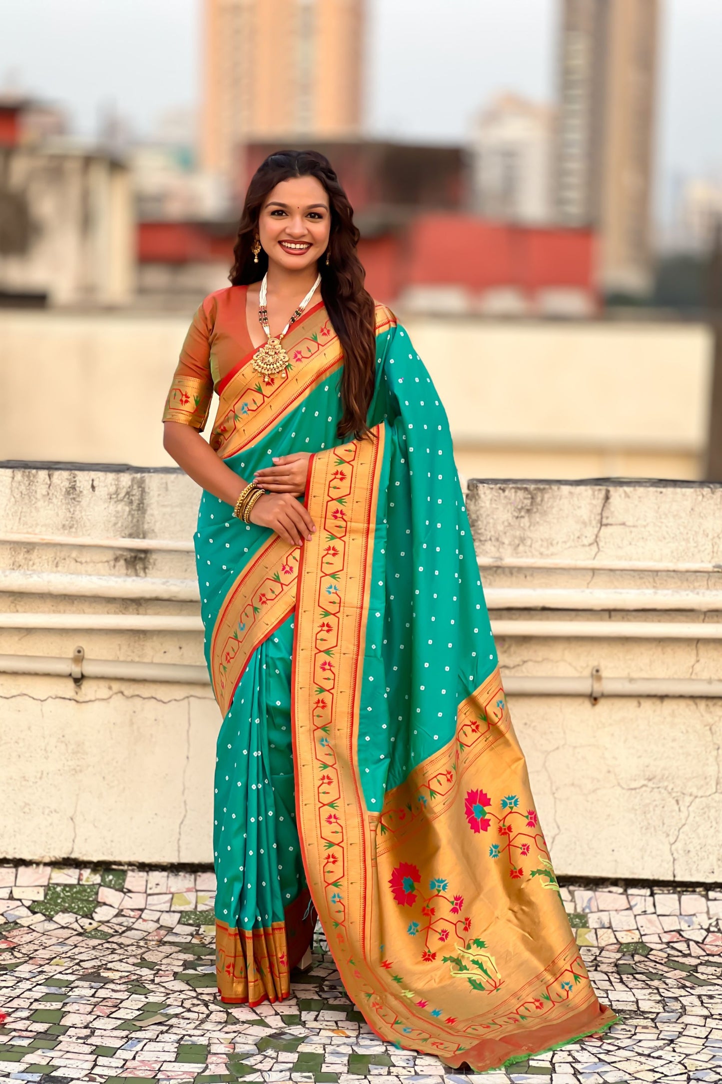 Sea Green Paithani Silk Saree with Gold Zari Border Floral Pallu