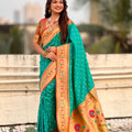 Sea Green Paithani Silk Saree with Gold Zari Border Floral Pallu