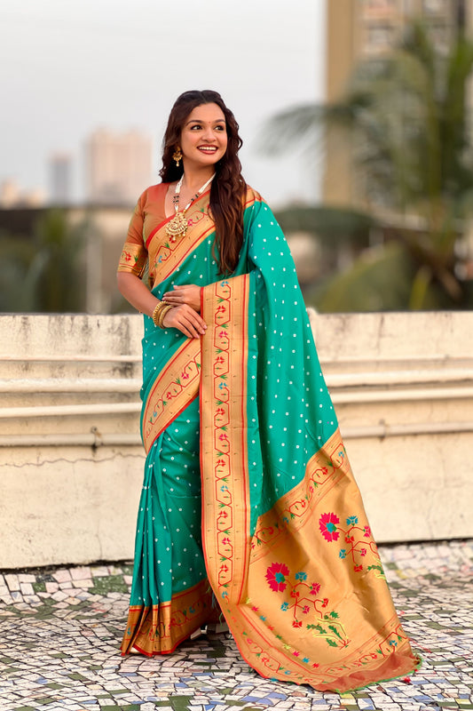 Sea Green Paithani Silk Saree with Gold Zari Border Floral Pallu