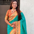 Sea Green Paithani Silk Saree with Gold Zari Border Floral Pallu