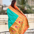 Sea Green Paithani Silk Saree with Gold Zari Border Floral Pallu
