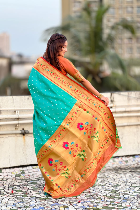 Sea Green Paithani Silk Saree with Gold Zari Border Floral Pallu